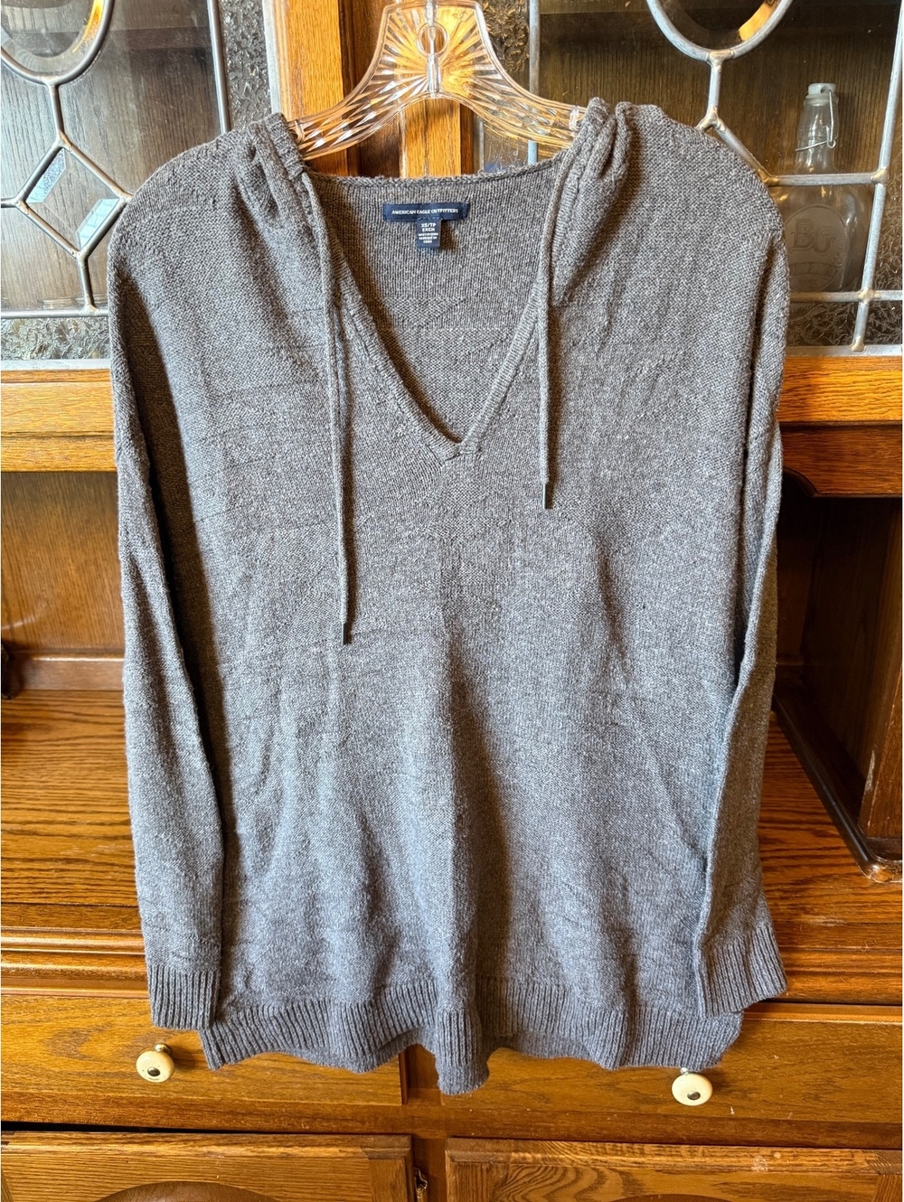 American Eagle Outfitters Hooded Knit Sweater Women's XS Gray V-Neck Drawstring